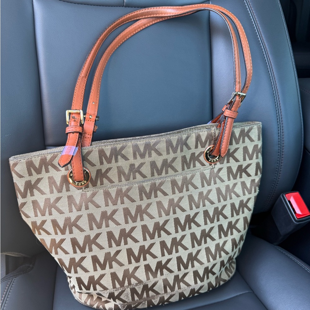 Michael Kors Brown MK Logo Canvas Tote with Tan Leather Straps and Gold Hardware